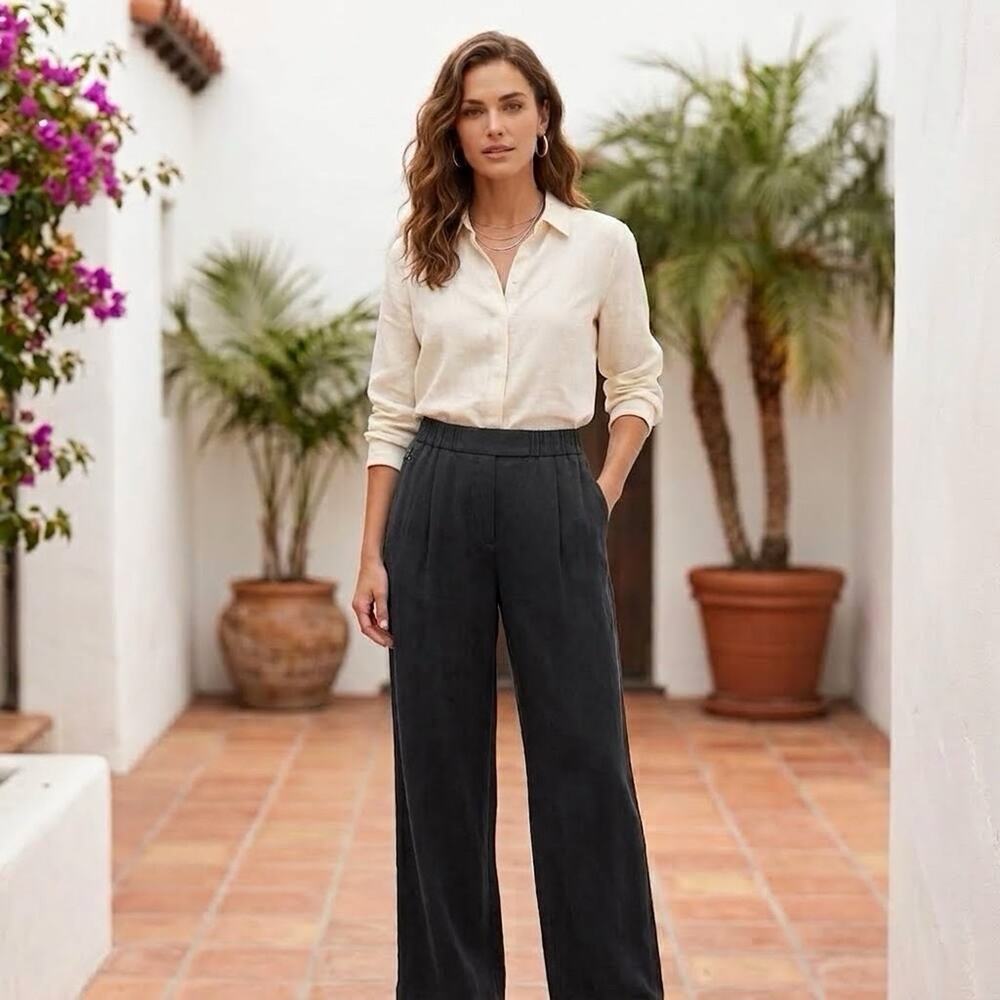 Eileen Fisher Sandwashed Twill Wide Trouser Pant 3X Black High Waisted NWT $248